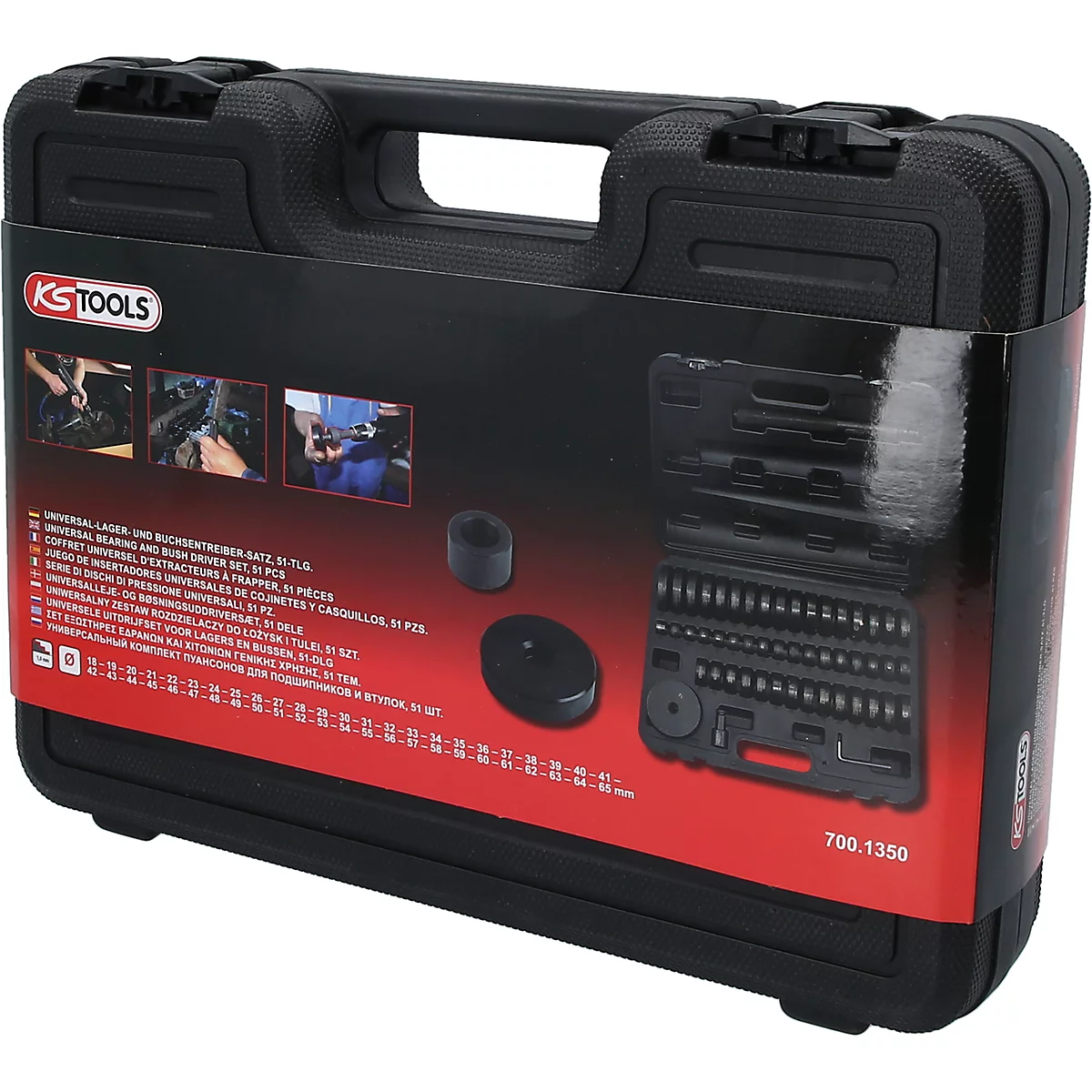 Schwarzer Werkzeugkoffer mit KS TOOLS Logo und Produktbeschreibung. Auf der roten Banderole sind Größen angegeben. Geöffnet zeigt er Werkzeuge.